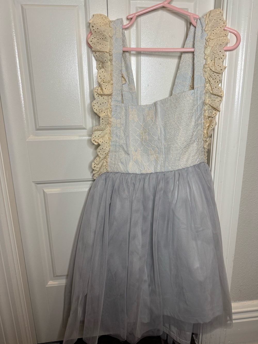 Little Trendsetter- Lace Ruffle Strap Tulle Dress in Light Blue and Cream